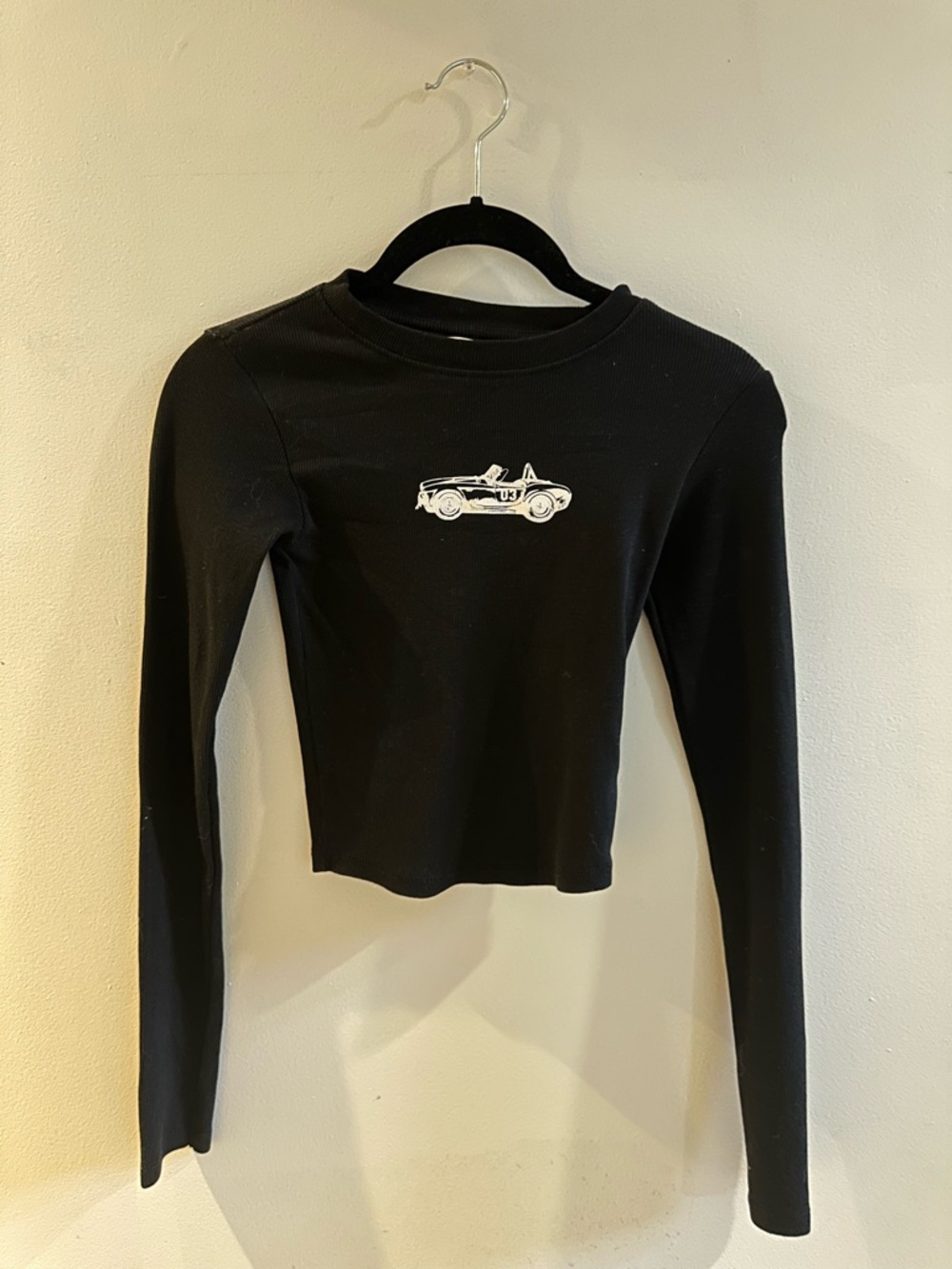 Black Long-Sleeve Women's Tee with White Car Graphic
